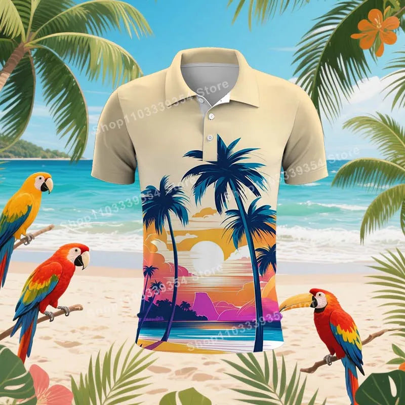 Coconut Grove Hawaiian Polo Shirt | Men's 3D Print Tropical Golf Shirt
