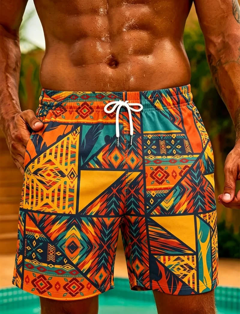 Men's tribal geometric print shorts with drawstring quick drying beach pants, bold ethnic patterns, for beach, , and summer wear