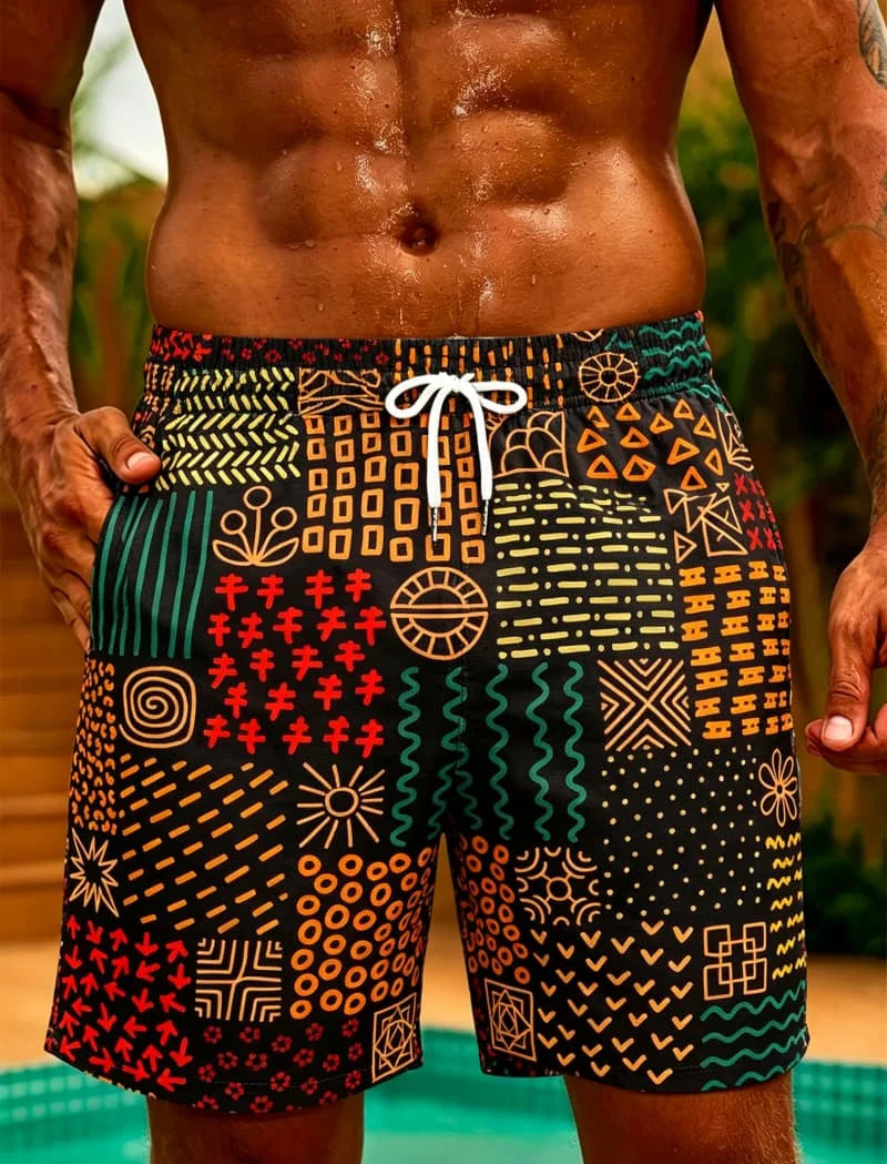Island Tribe Geometric Swim Shorts | Men's Quick-Dry Beach Shorts