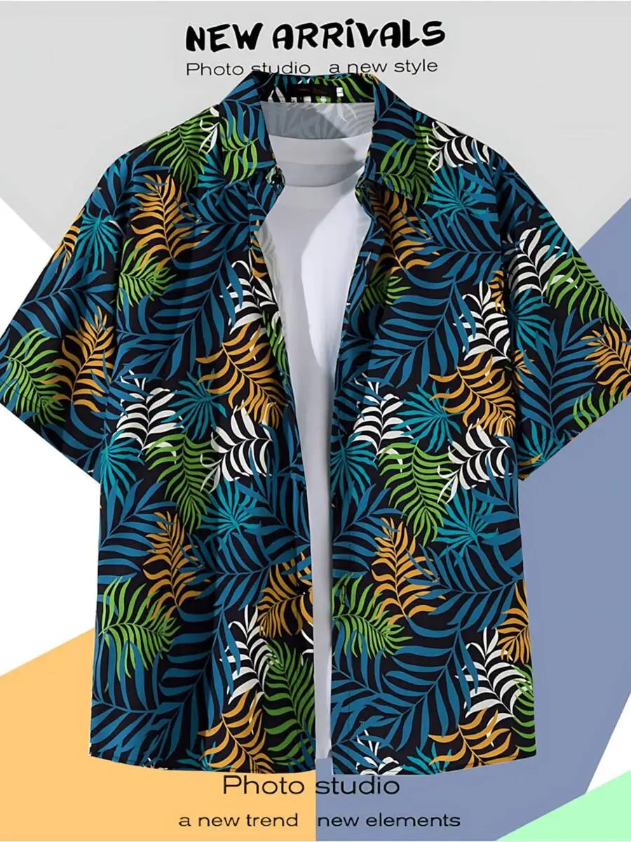 Tropical Print Casual Short Sleeve Button Up Hawaiian Shirt For Men