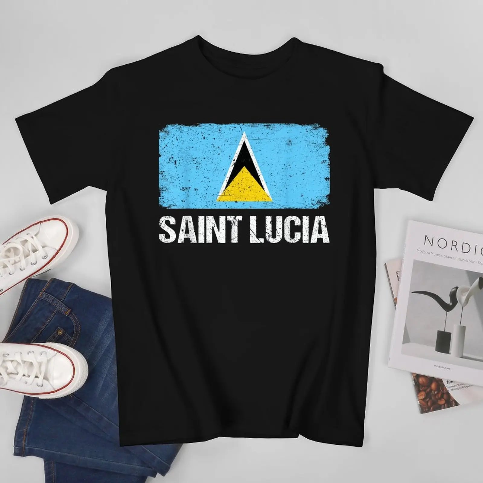 More Design Saint Lucia Flag Men Tshirt Tees T-Shirt O-neck T Shirts Women Boys Clothing 100% Cotton