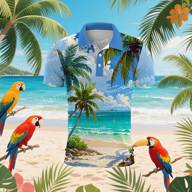 Hawaiian Beach Coconut Trees Polo Shirt For Men Summer 3D Print Leaves Short Sleeve Golf Polo Shirts Casual Street T Shirt Tops