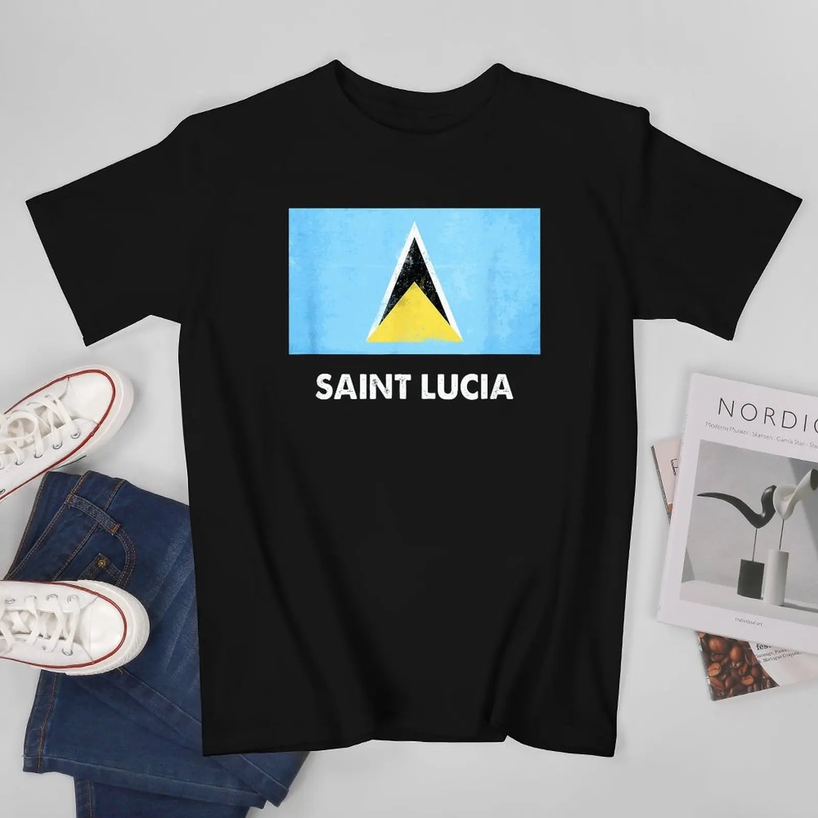 More Design Saint Lucia Flag Men Tshirt Tees T-Shirt O-neck T Shirts Women Boys Clothing 100% Cotton