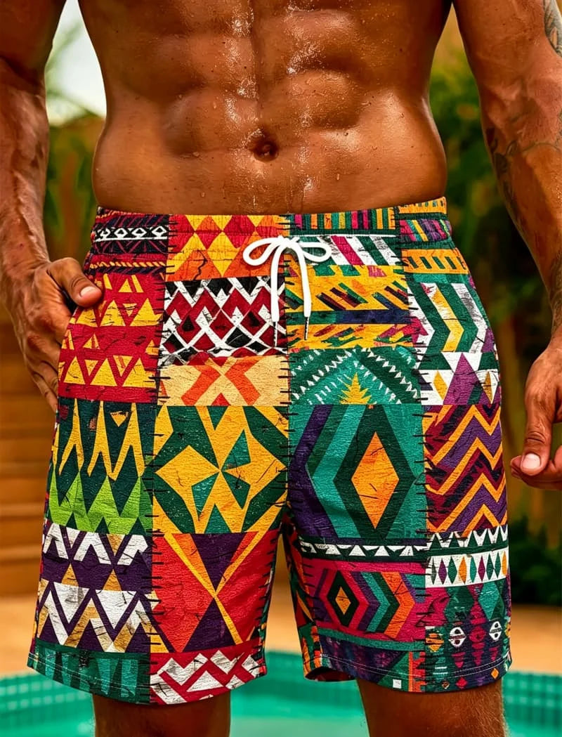 Island Tribe Geometric Swim Shorts | Men's Quick-Dry Beach Shorts