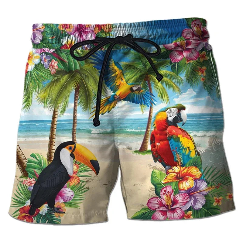 Parrot Toucan 3D Print Short Pants for Men Tropical Plants Pattern Hawaiian Beach Shorts Surf Board Shorts Quick Dry Swim Trunks