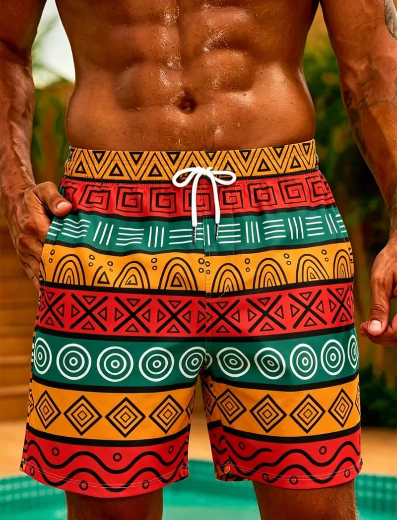 Island Tribe Geometric Swim Shorts | Men's Quick-Dry Beach Shorts