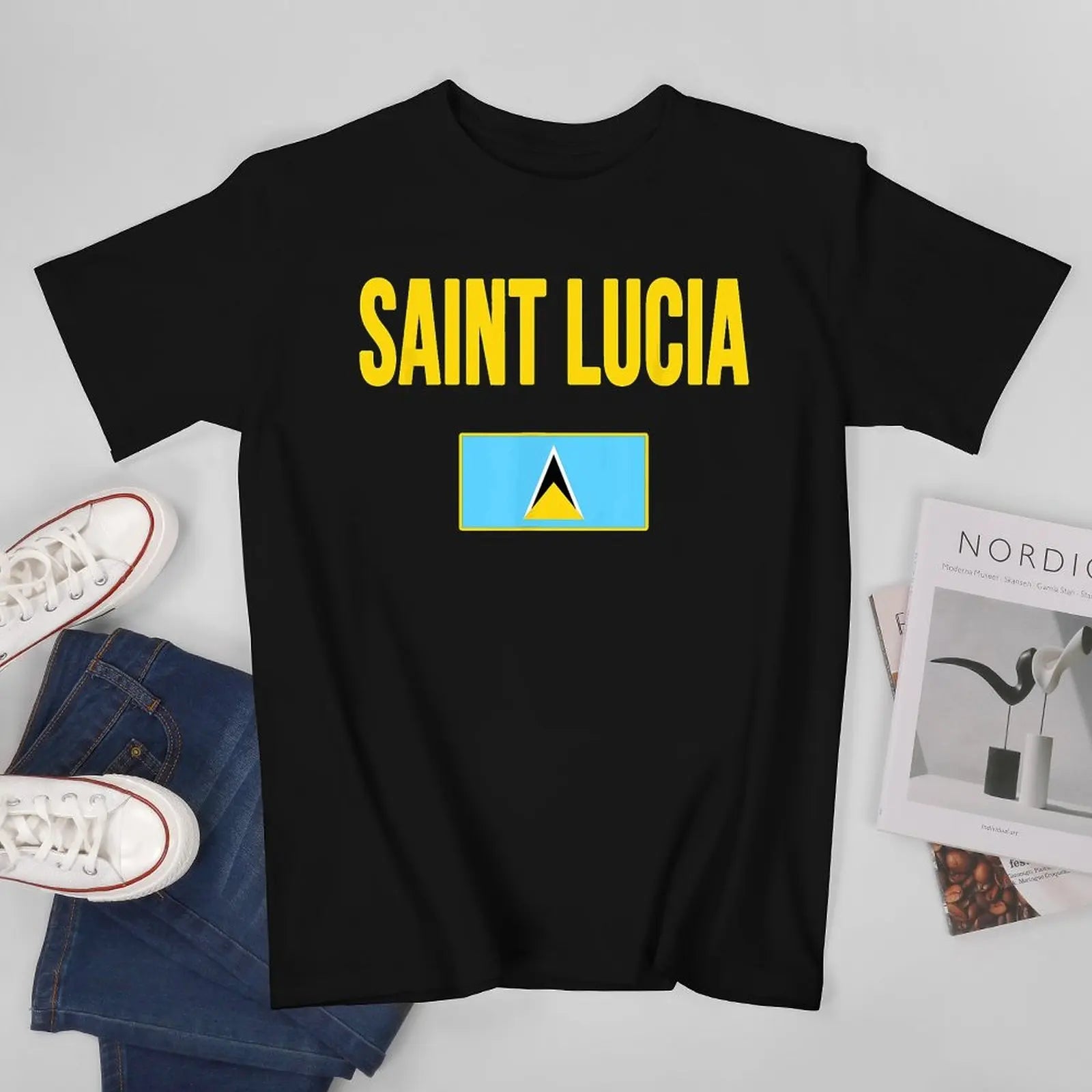 More Design Saint Lucia Flag Men Tshirt Tees T-Shirt O-neck T Shirts Women Boys Clothing 100% Cotton