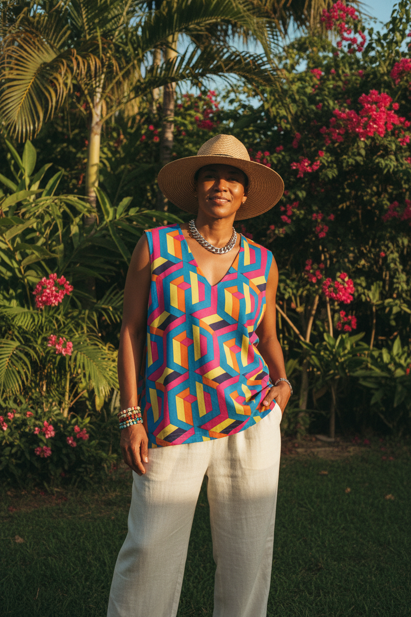 Person wearing bold 3D retro print oversized sleeveless vest in a vibrant Caribbean tropical setting